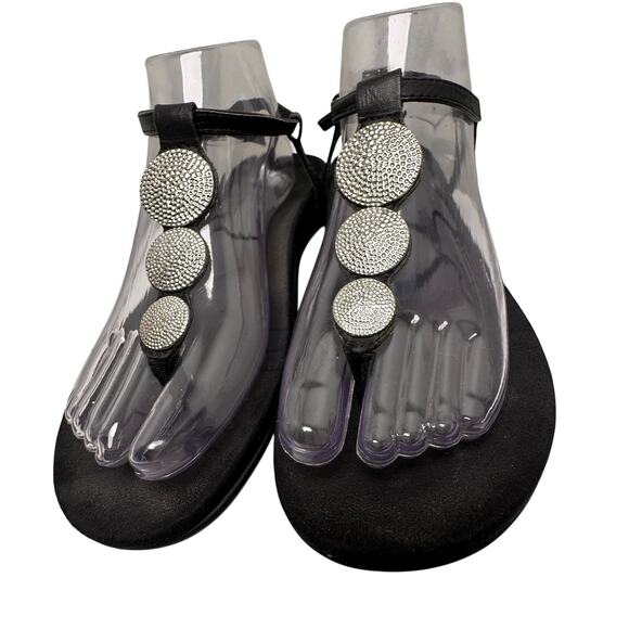 Vionic Lizbeth 7.5 Black Nappa Leather Slide Medalion T Strap Slingback Sandals - Picture 1 of 16